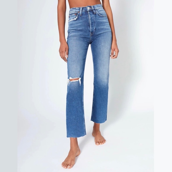 RE/DONE 70s Ultra High Rise Stove Pipe Jeans, Size 29, in Vintage Indigo Destroy - Picture 8 of 16